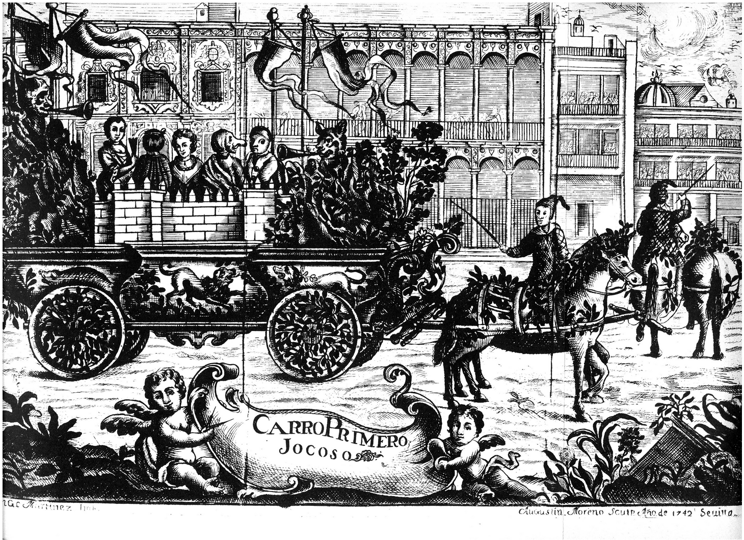 Fig. 4. Aplauso Real, aclamación afectuosa y obsequio reverente… Máscara jocoseria en celebración de la posesión del arzobispado por el infante Luis de Borbón en 1742. Grabado de Agustín Moreno bajo invención de Domingo Martínez. Carro primero jocoso. Cobre y talla dulce.