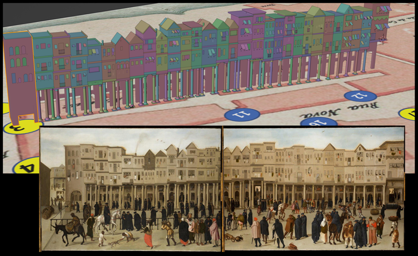Figura 4. Proceso de trabajo 3D con la pintura de la Rua Nova dos Mercadores en Lisboa de autor anónimo ubicada en el Kelmscott Manor Collection en Londres.