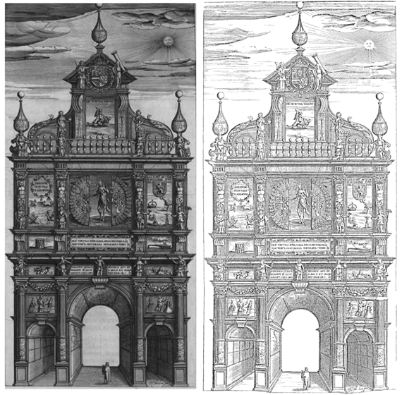 Fig 1. Grabados que reflejan el frontal del arco triunfal que la nación flamenca levantó en la rua Nova, en 1619, para la entrada de Felipe III en Lisboa.