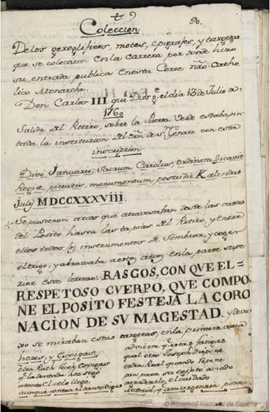 Fig. 1. Colección de los geroglíficos, motes, epígrafes y tarjetas que se colocaron en la carrera por donde hizo su entrada publica en esta corte nro. Catholico monarca Don Carlos III que Dios ge. el dia 13 de julio de 1760