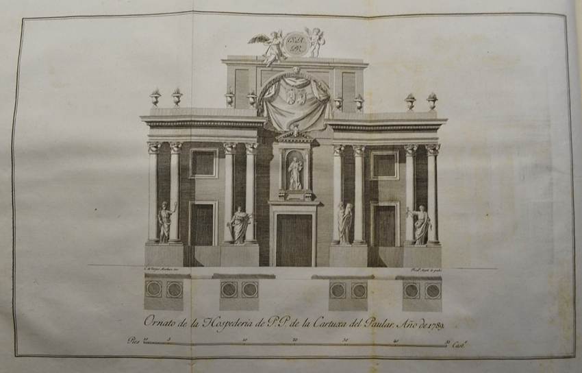 Fig. 3. Fachada de la Hospedería del Paular, en Moreno, José, Descripción de los ornatos públicos con que la corte de Madrid ha solemnizado la feliz exaltación al trono de los reyes nuestros señores don Carlos IIII. Y Doña Luisa de Borbón, y la jura del serenísimo Señor Don Fernando, Príncipe de Asturias