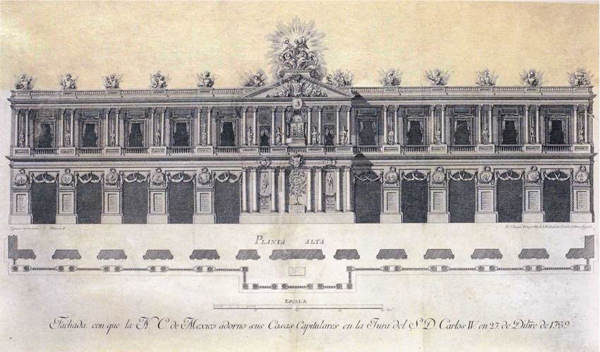 Fig. 4. José Joaquín Fabregat, Fachada con que la N. C. de Mexico adorno sus Casas Capitulares en la Jura del Sr. D. Carlos IV en 27 de Dibre. de 1789
