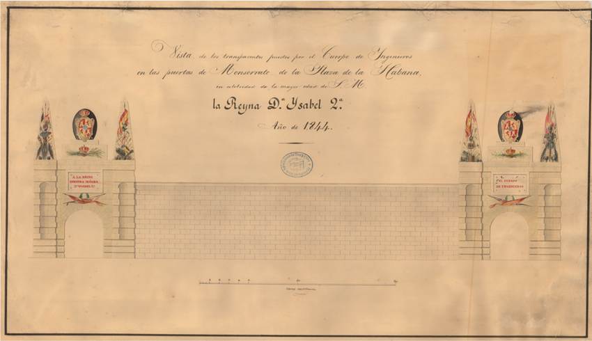Fig. 5. Vista de los transparentes puestos por el Cuerpo de Ingenieros en las puertas de Monserrate de la Plaza de la Habana en celebridad de la mayor edad de S.M. la Reyna [sic] Da. Isabel 2a.