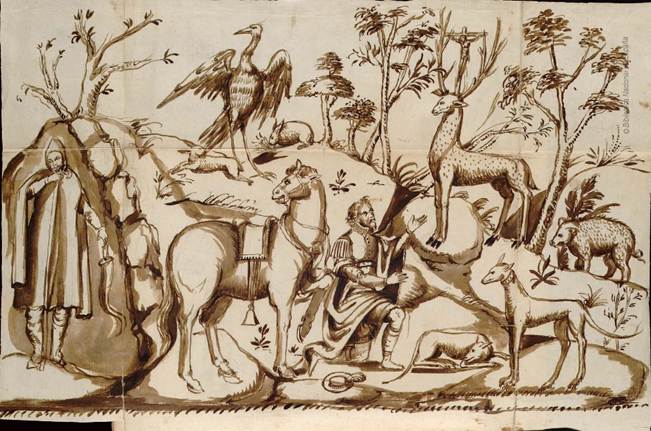 Fig. 6. Bosque con animales y San Eustaquio (20r-20v).