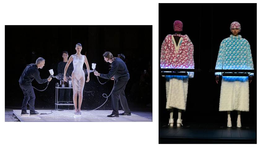 Fig. 2 Izquierda. Momento de la “confección” del vestido en el desfile de Coperni primavera-verano 2023. Derecha. Cambio de color y patrón de la indumentaria durante el desfile de Anrealage otoño-invierno 2023.