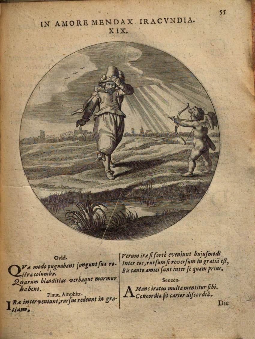 Fig.&nbsp;5: «In amore mendax iracundia», emblema XIX de Jacob Cats, Maechden-Plicht ofte ampt der ionckvrovwen (officium puellarum in castis amoribus, emblemate expressum)