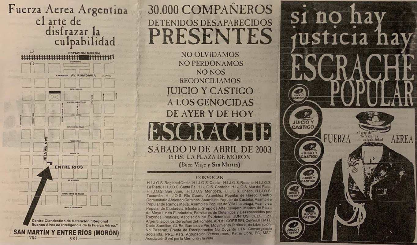 Imágenes 4 y 5. Volante del escrache a la Fuerza Aérea, 2003. Archivo personal.
