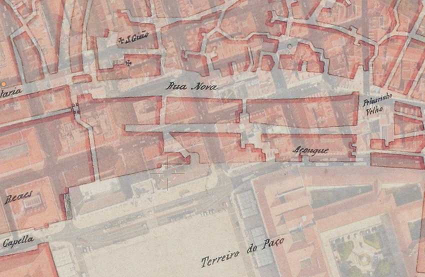 Fig. 3. Solapamiento del plano de João Nunes Tinoco de Lisboa de 1650 con una vista cenital actual de Lisboa.