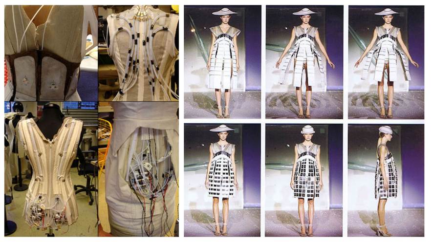 Fig. 1 Izquierda. Mecanismo interno del vestido. Pieza realizada con la colaboración de Adam Wright Studio. Derecha. Secuencias de la metamorfosis del vestido “New look” durante el desfile de Chalayan primavera-verano 2007.