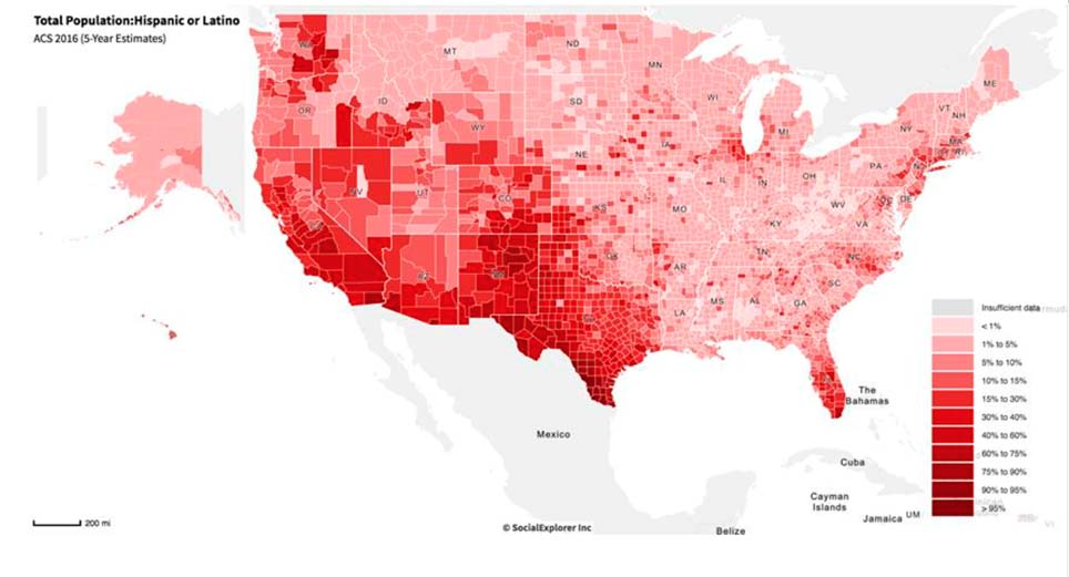 Imagen 3: Hispanic or Latino Population, 2016. HERNÁNDEZ, R. y MORENO-FERNÁNDEZ, F. (dir), Hispanic Map of the United States 2018, Cervantes Institute at FAS-Harvard University.