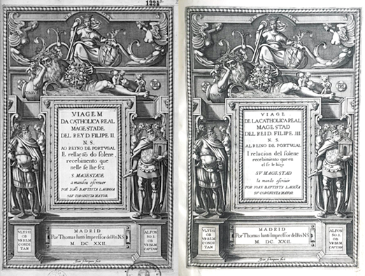 Fig. 2. Página de portada de las versiones de las crónicas de Juan Bautista Lavanha en Castellano y Portugués.