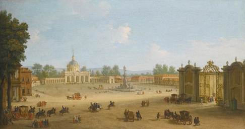 Fig. 1. Aranjuez. Vista de la iglesia y plaza de San Antonio. Colección Abelló.