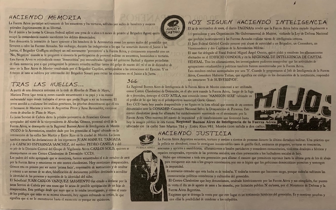 Imágenes 4 y 5. Volante del escrache a la Fuerza Aérea, 2003. Archivo personal.