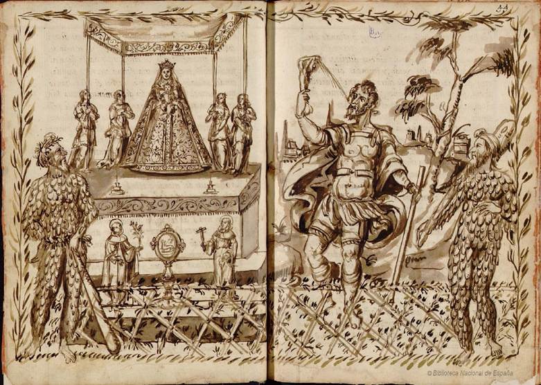 Fig. 7. Risco de Sansón con los dos salvajes (43v).