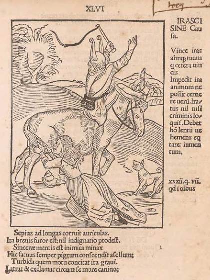 Fig. 1: «Irasci sine causa», en Sebastian Brant, Stultifera navis a Jacobo Locher Philomuso translata, cum suppletionibus eiusdem Sebastian Brant,