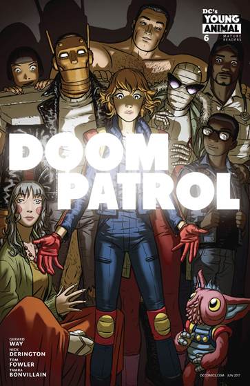 Fig. 1- Cover to Doom Patrol #6, showing the cast, by Nick Derington and Tamra Bonvillain (2017).