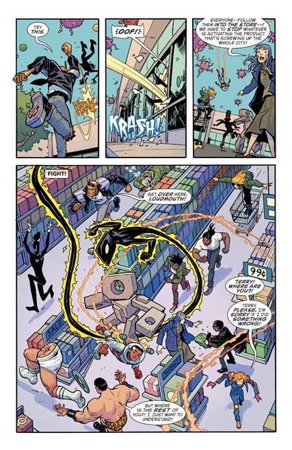 Fig. 3. Derington’s and Bonvillain’s kinetic, cartoonish and colorful art. From Doom Patrol #10 (2018).