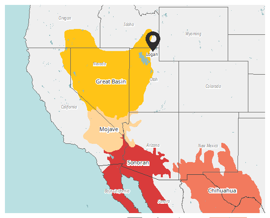Figure 2. Four deserts of the Southwestern United States and Northern Mexico, and location of Logan, Utah.