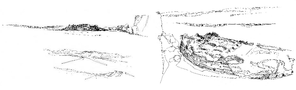 Figure 13. Approaching Chaco’s Pueblo Bonito with fallen rocks (left) and another quick study sketch of Pueblo Bonito (right).