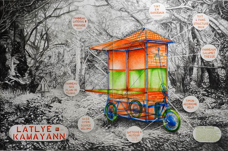 Fig. 19 : Vincent Rauel, Latlyé Kamayann (dessin de projet), graphite et crayons de couleur sur papier, 200 x 300cm, 2024. Collection CAPC Musée d’art contemporain. ©ADAGP