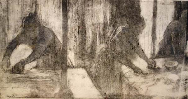 Fig 1. Edgar Degas, “Reyer and the Washer Woman” (1877)An early study by Degas, shows several of the techniques that Bukowski used in his drawings, such as vertical divisions and action tending out of the frame.