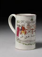 Illustration 1&nbsp;: Tasse en faïence avec l’inscription suivante&nbsp;: HUMPHREYS and MENDOZA. Fighting at / Odiham in Hampshire on Wednesday / Jany. 9th 1788’.