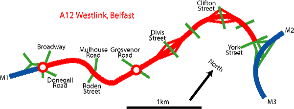 Fig 6: Westlink Junctions (Broadway is the first connecting roundabout between M1 and Westlink)