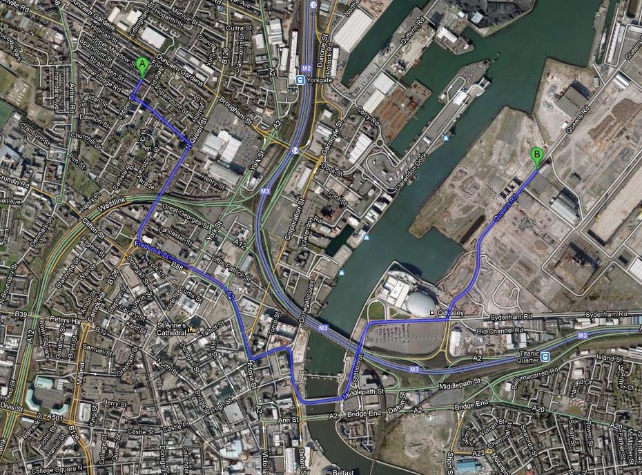Fig 8: Walking from Inner North Belfast (A) to the new Titanic Quarter (B)