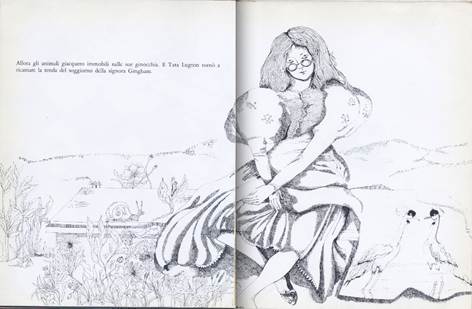 Figure 3: Illustration by Flaminia Siciliano. Virginia Woolf. Il ditale d’oro. Trad. Enzo Siciliano. Milan: Emme, 1976. P. 11L-11R.
