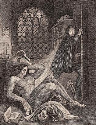Fig. 1: Illustration from the frontispiece of the 1831 edition. Steel engraving (993 x 71mm) to the revised edition of Frankenstein by Mary Shelley, published by Colburn and Bentley, London 1831.