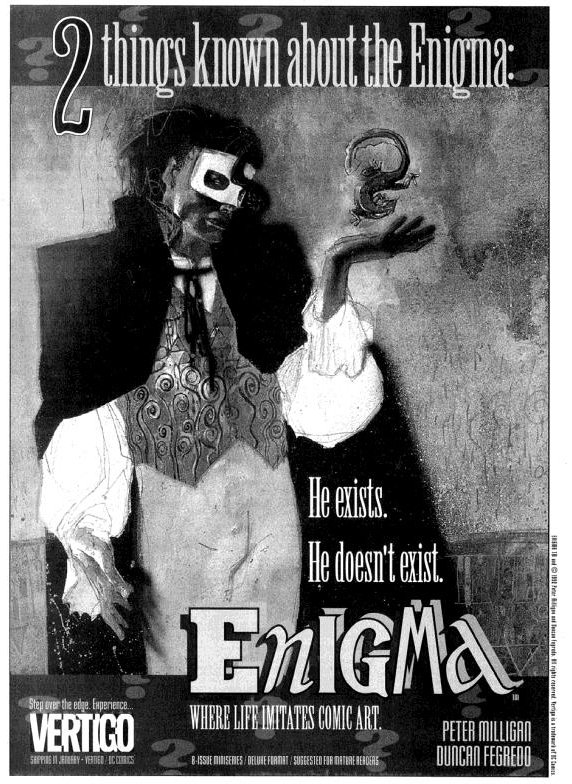 Fig. 1. Double black and white ad for two of the first Vertigo titles, Death: The High Cost of Living and Enigma