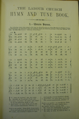 Figure 7: The “Union Hymn” set to Flower’s music in tonic sol-fa notation, Labour Church Hymn &Tune Book, 1906, 3
