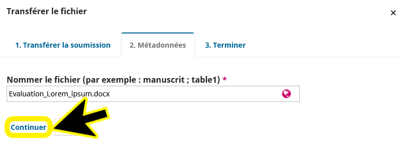 Possibilité de modifier le nom du fichier dans le champ "Nommer le fichier", puis cliquer sur Continuer