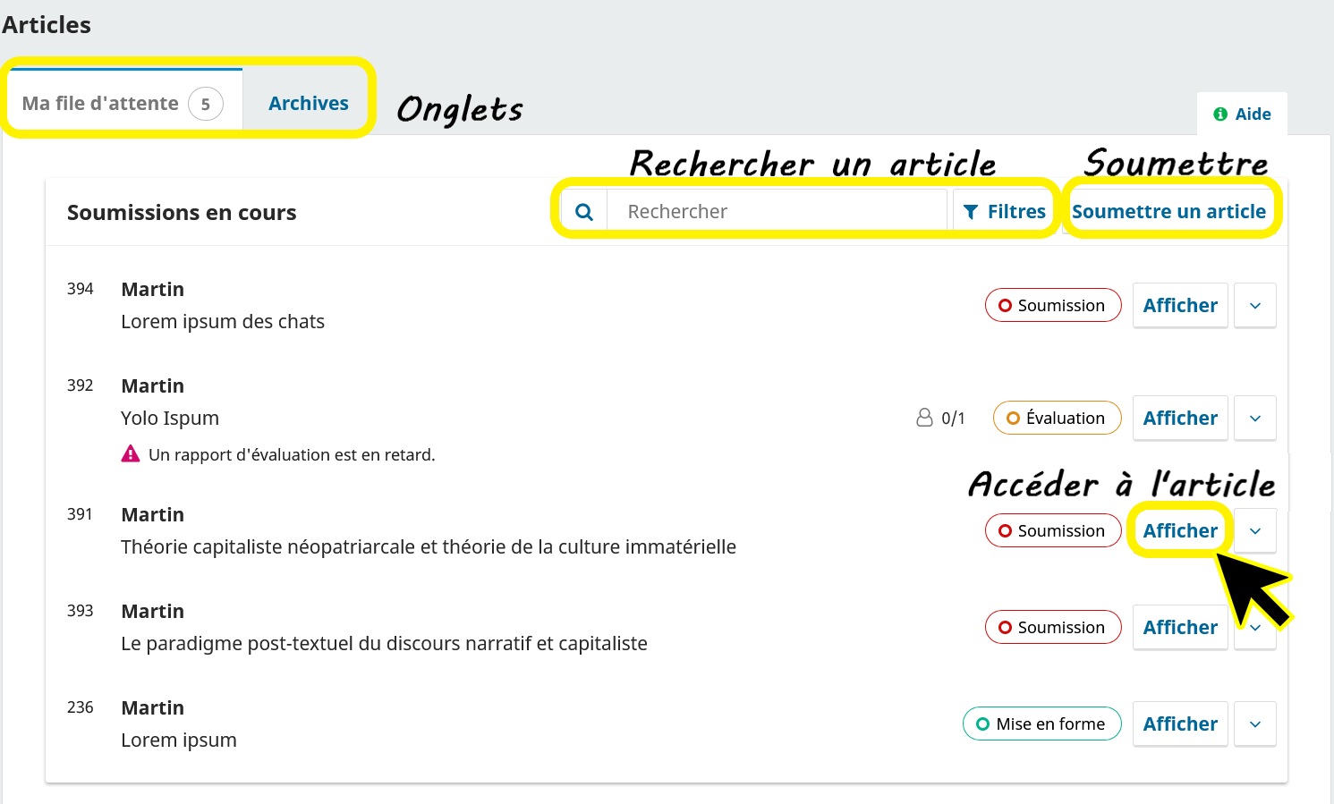 Les boutons du tableau de bord