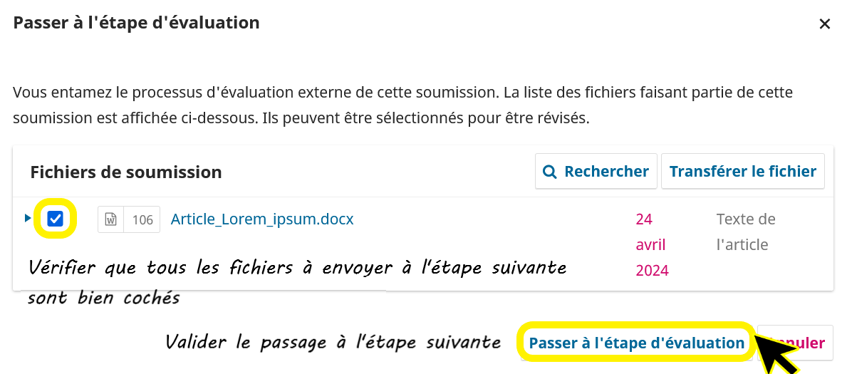 Dans la fenêtre pop-up, valider en cliquant sur Passer à l'étape d'évaluation