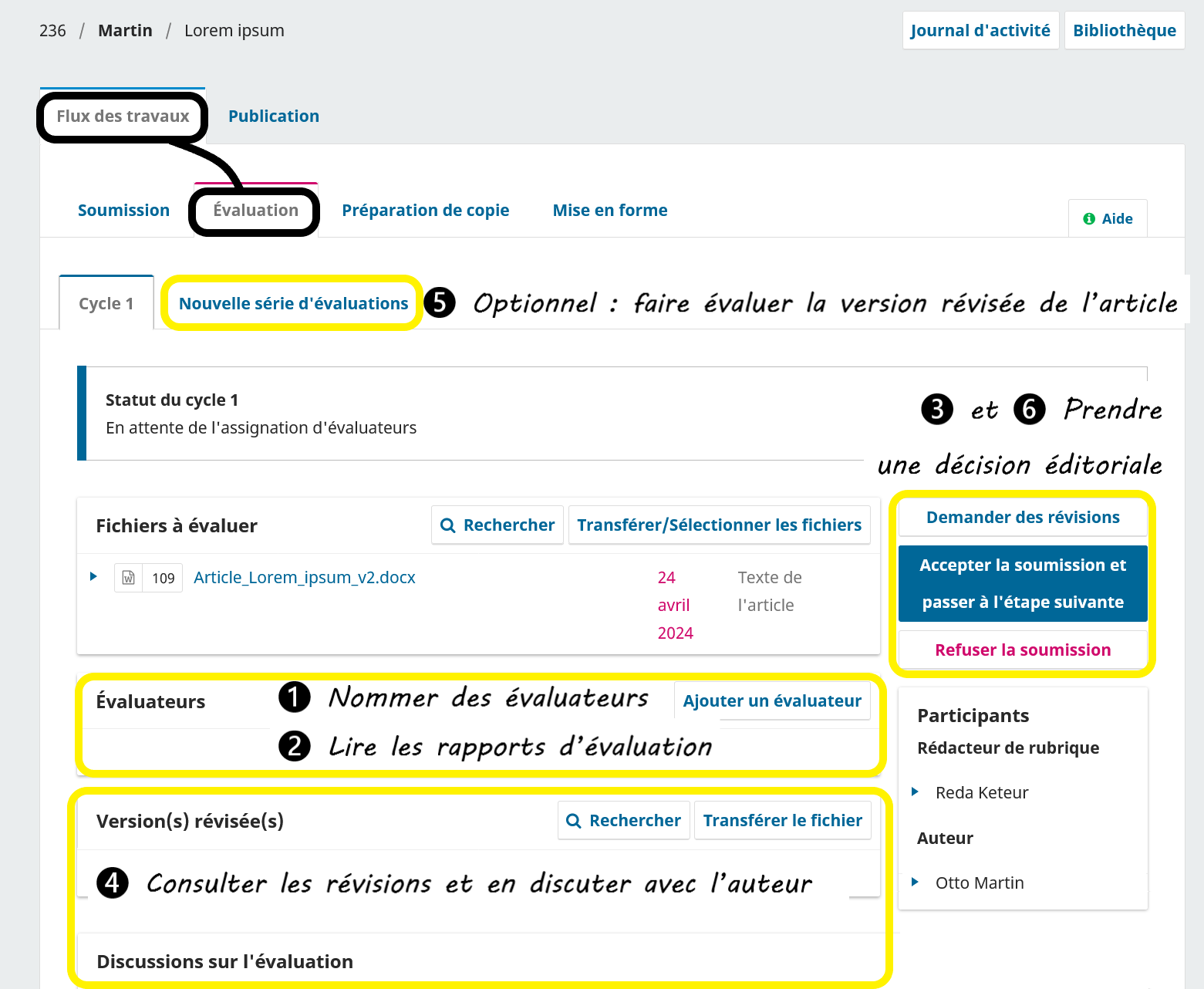 Les grandes zones de l'interface Evaluation